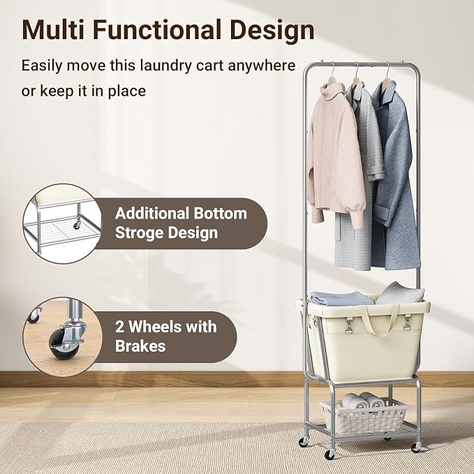 ELYKEN Laundry Cart with Hanging Rack, Rolling Laundry Hamper with Wheels - Image 6