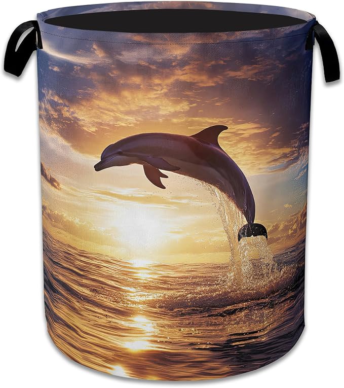 Dolphins Laundry Basket, Foldable Oxford Cloth Sunset Laundry Hamper by Unknown