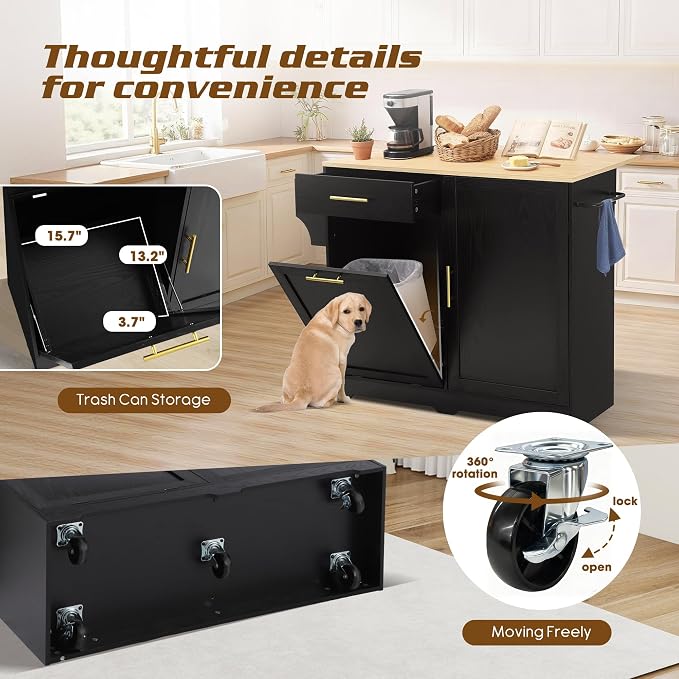 48" Kitchen Island with Trash Can Storage & Drop Leaf, Rolling Kitchen Island - Image 7