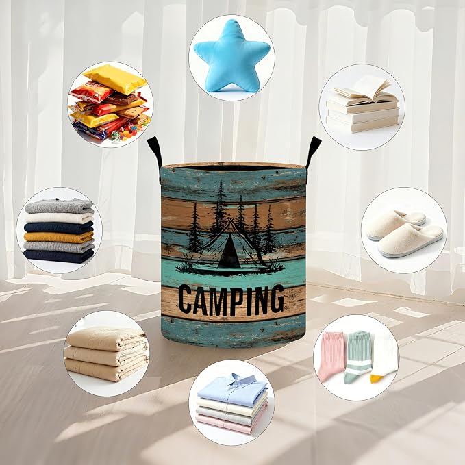 Wood Print Camping Laundry Basket Storage Bin Foldable Laundry Hamper Clothes - Image 5