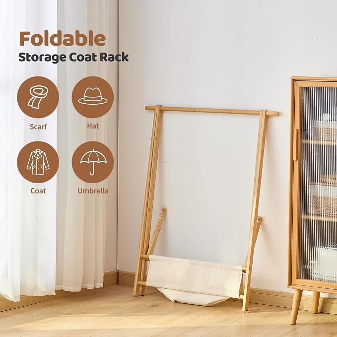 FILWH Bamboo Clothes Rack with Storage Box Foldable Garment Holder Coat Rack - Image 6