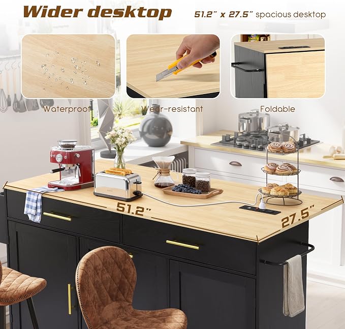 60" Kitchen Island with Power Outlet & Drop Leaf, Rolling Kitchen Island Table - Image 9