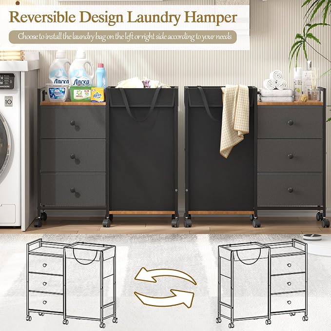 Laundry Hamper with Wheels, Laundry Sorter with Shelf and 3 Drawers, Total - Image 7