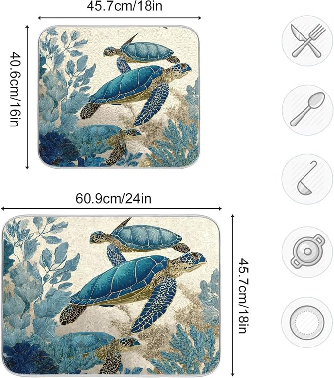 Watercolor Sea Turtle Dish Drying Mat Super Absorbent Drying Mat 16x18 inch - Image 3