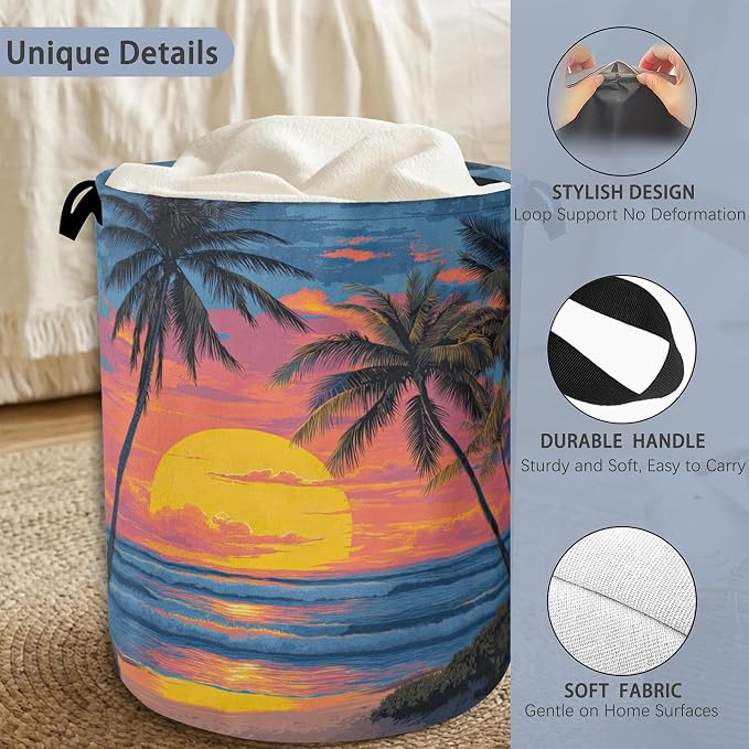 Tropical Palm Tree Laundry Basket, Sunset Beach Oxford Cloth Laundry Hamper - Image 3