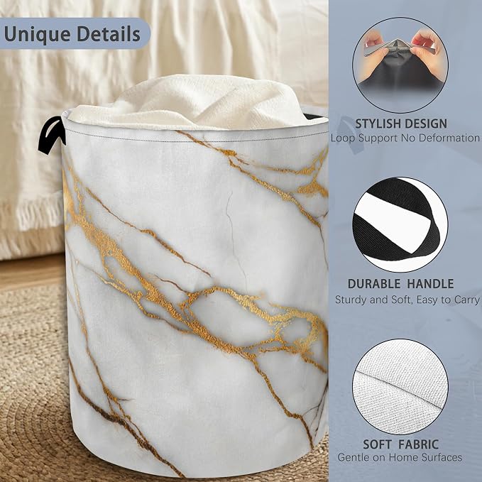 White Gold Marble Laundry Basket, Oxford Cloth Laundry Hamper - Image 3