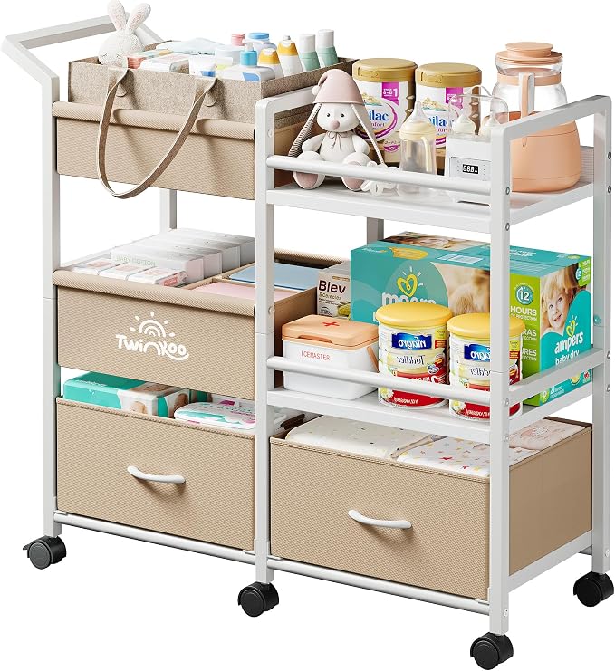 2-in-1 Baby Diaper Caddy Organizer, 3 Tier Rolling Storage Cart by Twinkoo