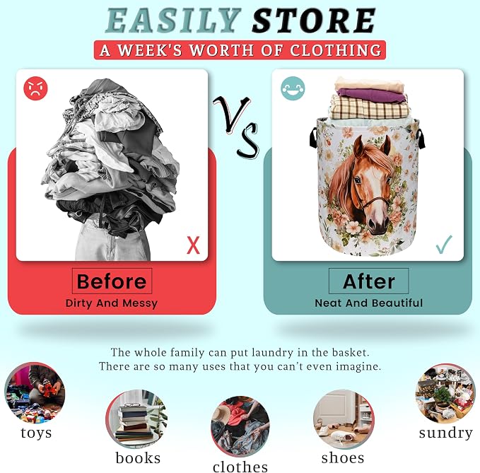 Watercolor Horse Laundry Basket Foldable - Image 3