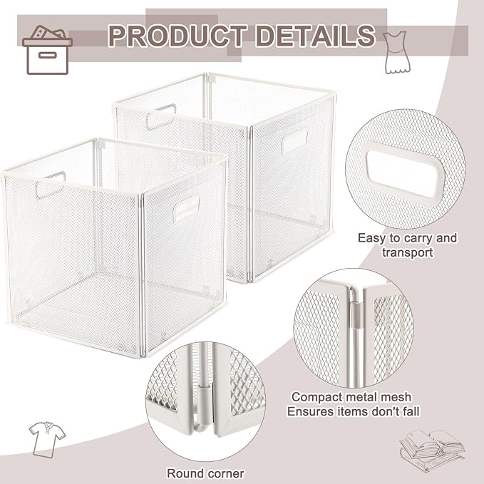 4 Pcs Easter Foldable Metal Cube Storage Baskets 13" x 13" White Kitchen Wire - Image 3
