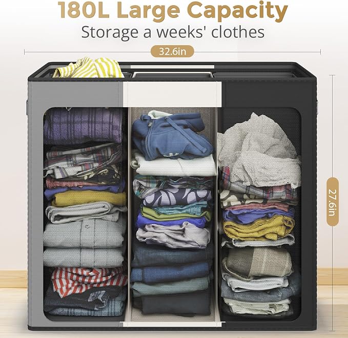 180L Laundry Hamper 3 Section, Large Laundry Basket - Image 4