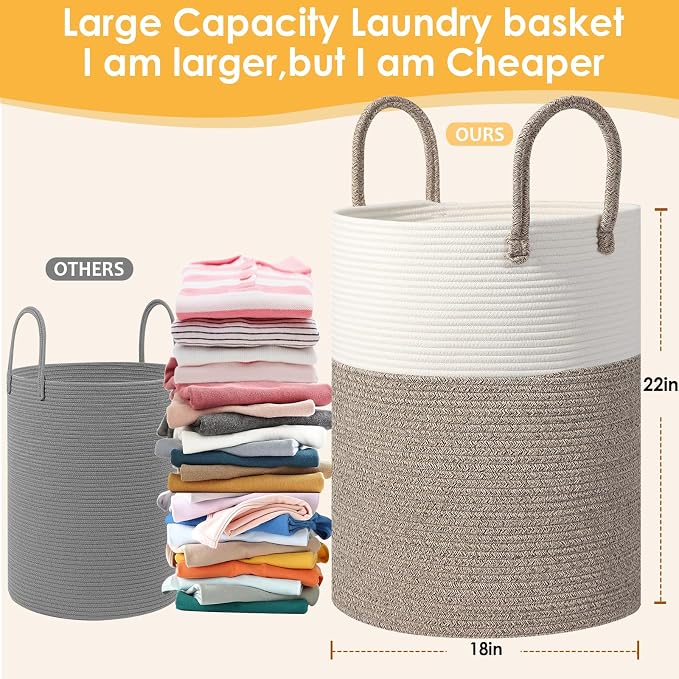 Large Woven Laundry Basket Hamper, 100L Cotton Rope Storage Bin - Image 2