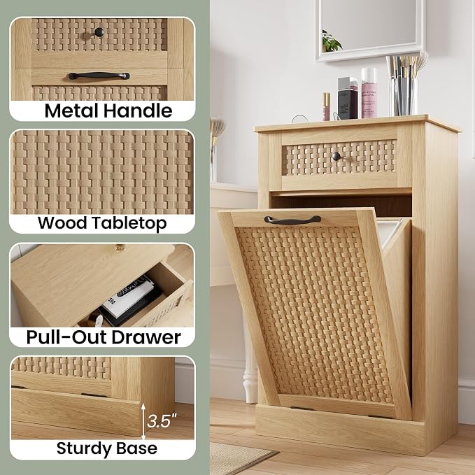 Tilt Out Laundry Hamper Cabinet, Rattan-Style Laundry Room Organization - Image 8