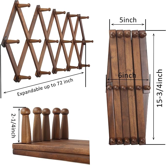 WEBI Accordion Wall Hanger, Wooden Coat Rack Wall Mounted, Hat & Cap Hook Rack - Image 2