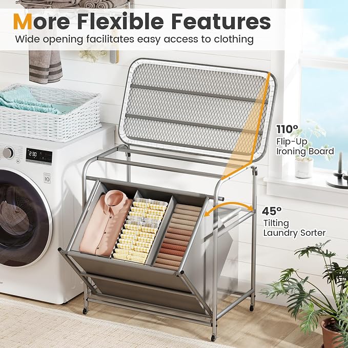 Giantex Laundry Sorter with Foldable Ironing Board, 3 Section Tilt Out Laundry - Image 3