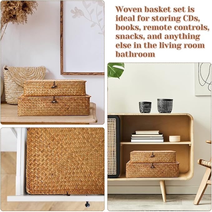 Set of 4 Seagrass Basket with Lid Wicker Storage Basket Decorative Storage - Image 7