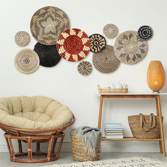 Tatuo 11 Pcs Boho Wall Basket Decor Decorative Bulrush Woven Basket Wall Decor - Image 6