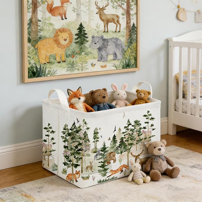 Rectangular Woodland Animal Basket Kids Baby Storage Basket, Bear Fox Boys - Image 3