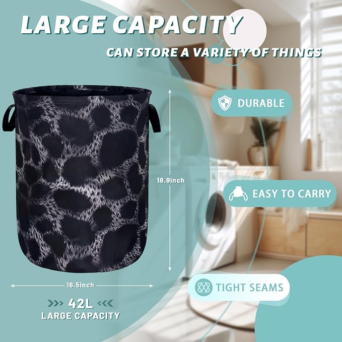 Grey Black Leopard Print Laundry Basket Foldable Animal Leopard Laundry Hamper - Image 2