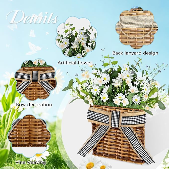 White Daisy Wreath Spring Door Hanger Basket Wreath, Artificial Spring Summer - Image 3