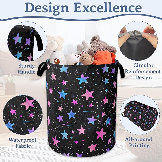 Blue Pink Stars Laundry Basket, Oxford Cloth Laundry Hamper - Image 4