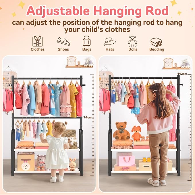 Kids Clothing Rack with 2-Layer Storage Shelf and 2 Adjustable Hanging Rods - Image 4