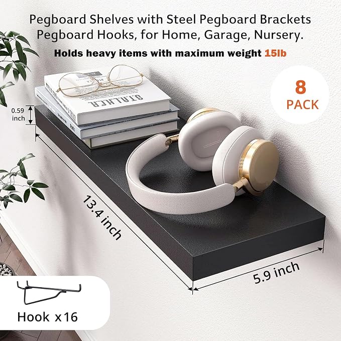 Black Pegboard Shelf, 8 Pack Wooden Pegboard Shelves - Image 3