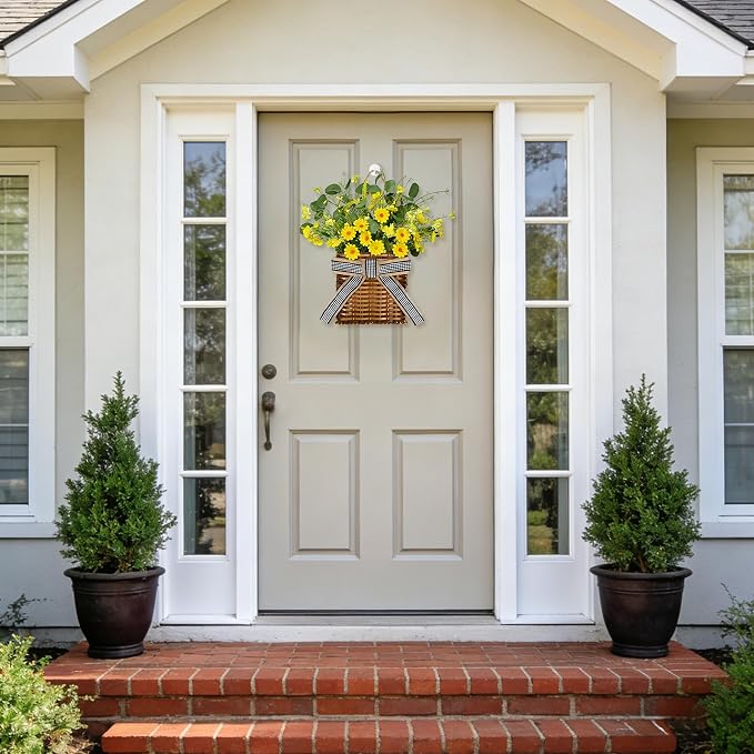 Spring Hanger Basket Wreath for Front Door 15" Yellow Daisy Basket Artificial - Image 5