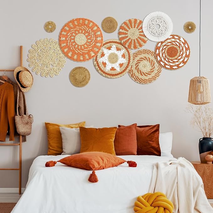 Tatuo 11 Pcs Boho Wall Basket Decor Decorative Bulrush Woven Basket Wall Decor - Image 2
