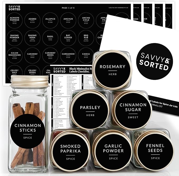 SAVVY & SORTED Spice Labels, 140 Round Waterproof Kitchen Labels by SAVVYSORTED%C2%AE