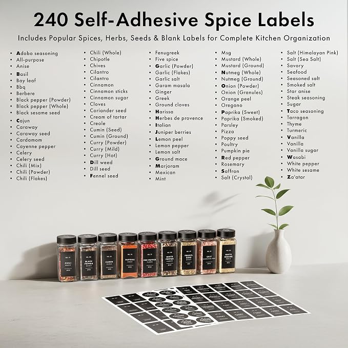 Glass Spice Jars with Label and Black Lids Spice Containers with 240 Labels - Image 7