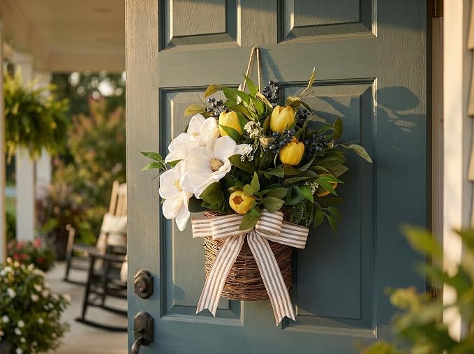 20" Spring Easter Floral Basket Wreath - Image 3