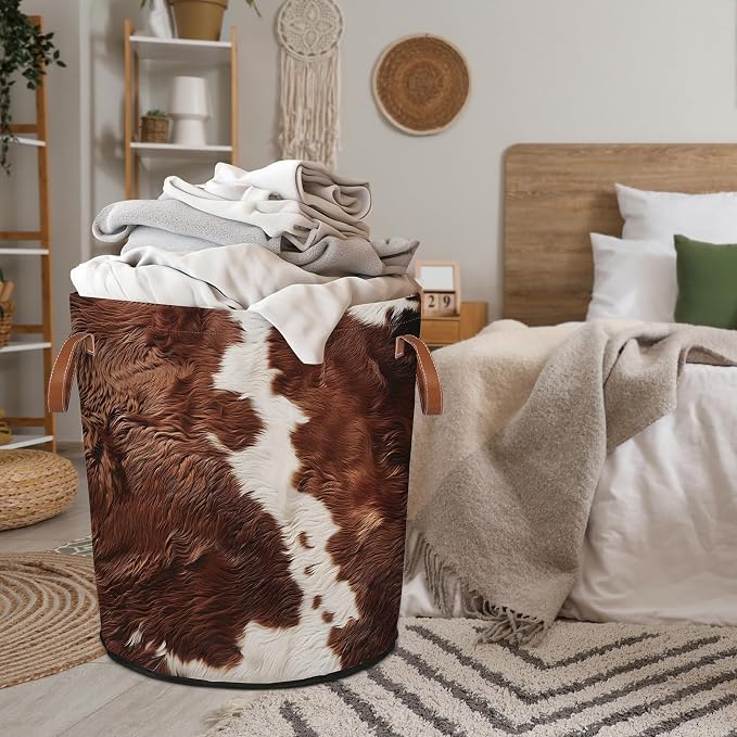Cow Print Brown Laundry Hamper Waterproof Collapsible Basket - Image 2