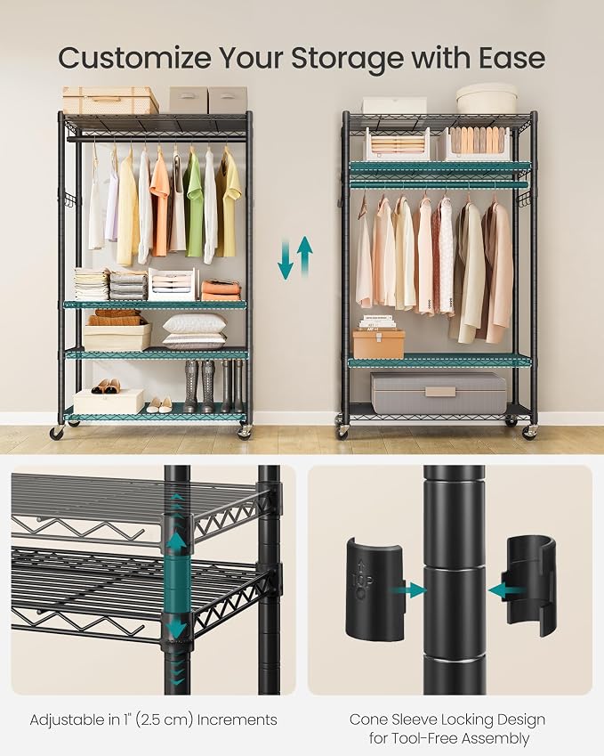 SONGMICS Heavy-Duty Rolling Clothes Rack, Garment Rack, Portable Closet on - Image 4
