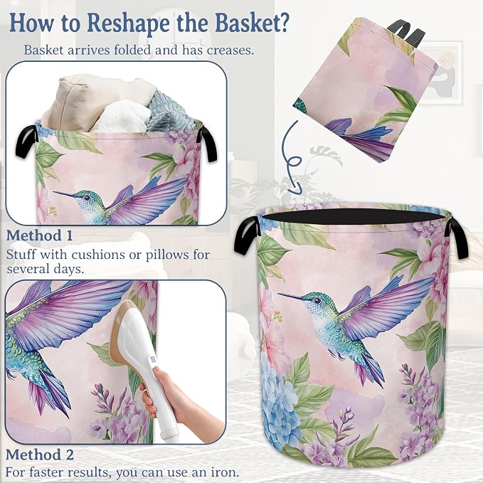 Hummingbird Laundry Basket, Foldable Oxford Cloth Pink Flower Laundry Hamper - Image 6