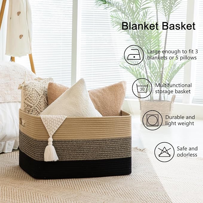 OIAHOMY Large Blanket Basket, 22”x17”x12” Rectangle Woven Baskets, Nursery - Image 6