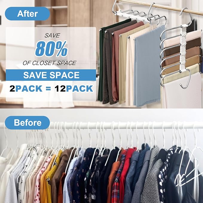 Upgrade 6 Layers Pants Hangers Space Saving, 2 Pack Non Slip Stainless Steel - Image 2