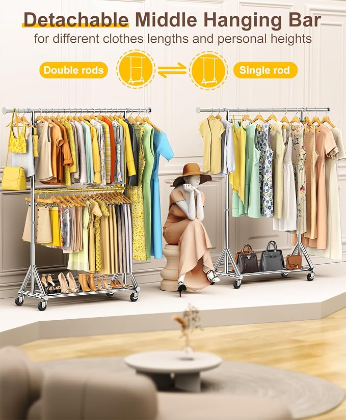 100% Stainless Steel Heavy Duty Clothes Rack Load 860 LBS, 2-Tier Rolling - Image 5