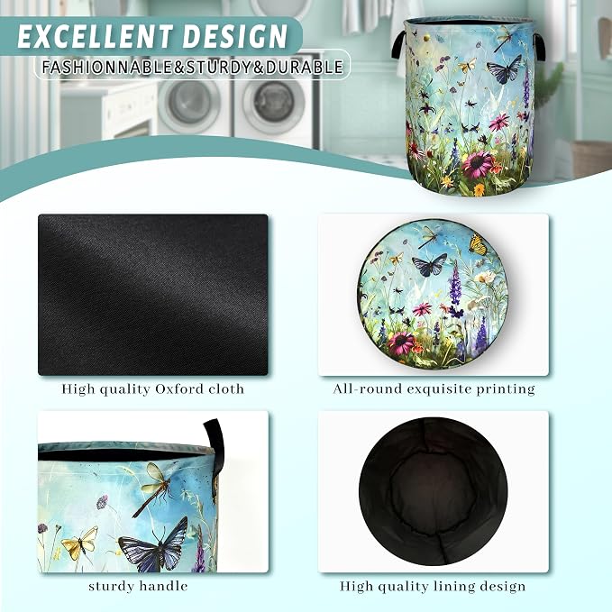Colorful Flowers Laundry Basket Foldable Oxford Cloth Colorful Dargonfly - Image 4
