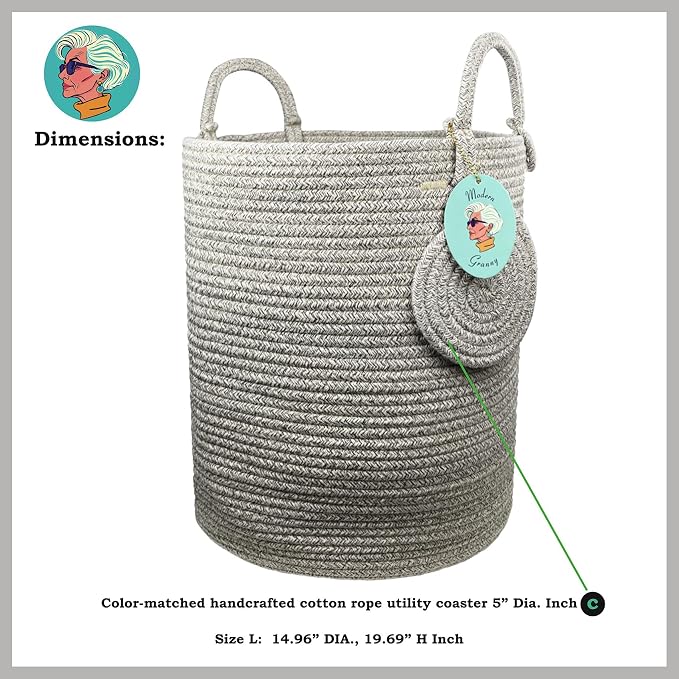 Modern Granny Large Cotton Rope Laundry Hamper 15x20 Inch Dual Secure Woven - Image 4