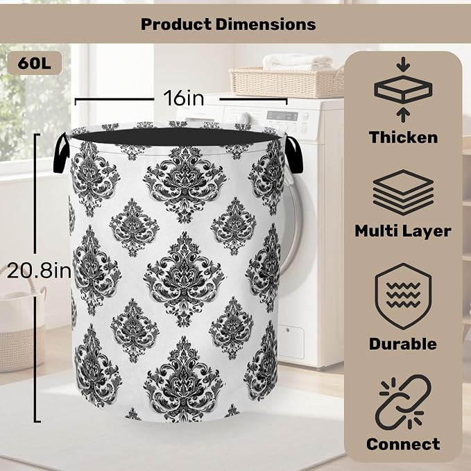 Black White Damask Flower Foldable Laundry Hamper - Image 2