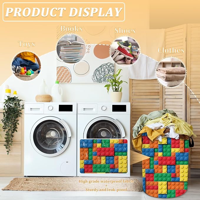 Colorful Building Blocks Laundry Basket, Bricks Laundry Hamper, Oxford - Image 4