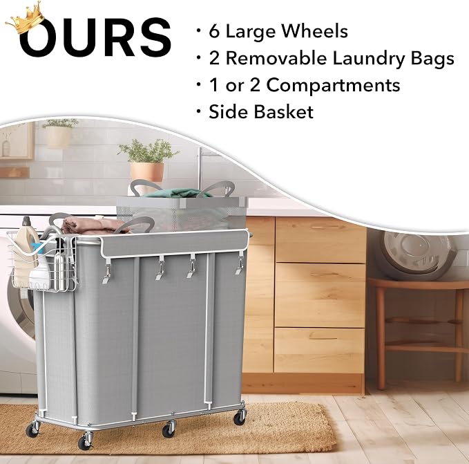 Simple Houseware Extra Large 2 Section Rolling Laundry Cart 265L – Heavy Duty - Image 5