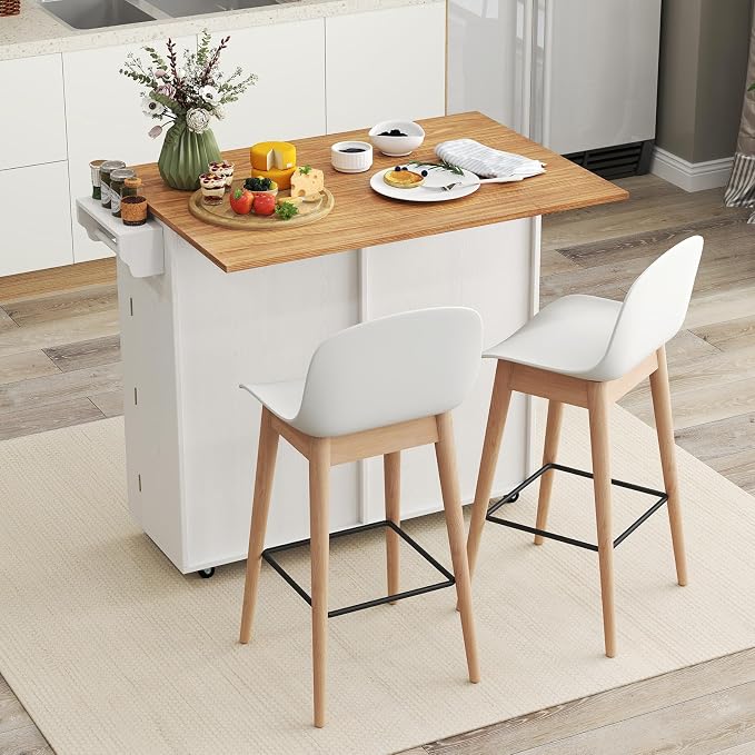 Rolling Kitchen Island with Trash Can Storage Cabinet, Drop Leaf Breakfast Bar - Image 3
