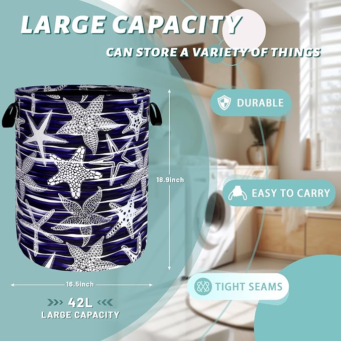 Blue Starfish Printed Laundry Basket Sea Beach Theme Funny Laundry Hamper - Image 2