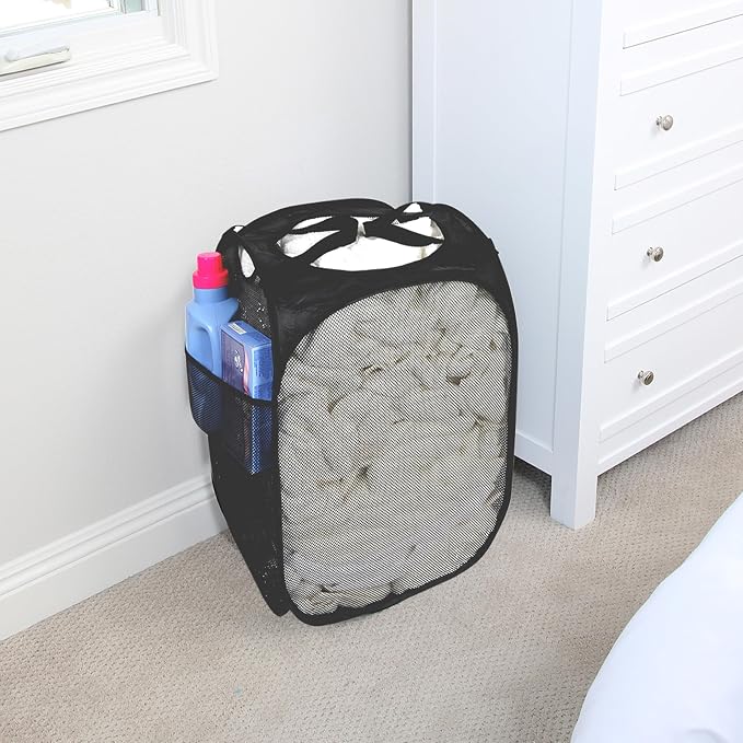 Smart Design Deluxe Mesh Pop Up Square Laundry Hamper w/ Side Pocket & Handles - Image 3