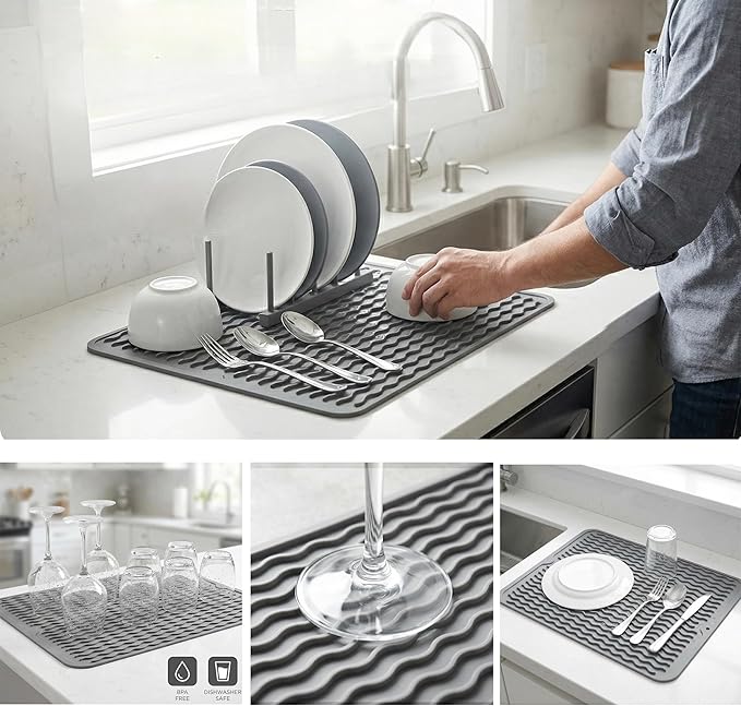Silicone Dish Drying Mat for Kitchen Counter or Sink, Refrigerator or Drawer - Image 3