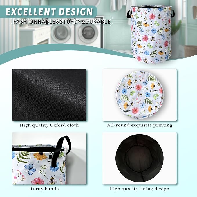 Cute Bee Floral Flowers Laundry Basket Foldable - Image 4