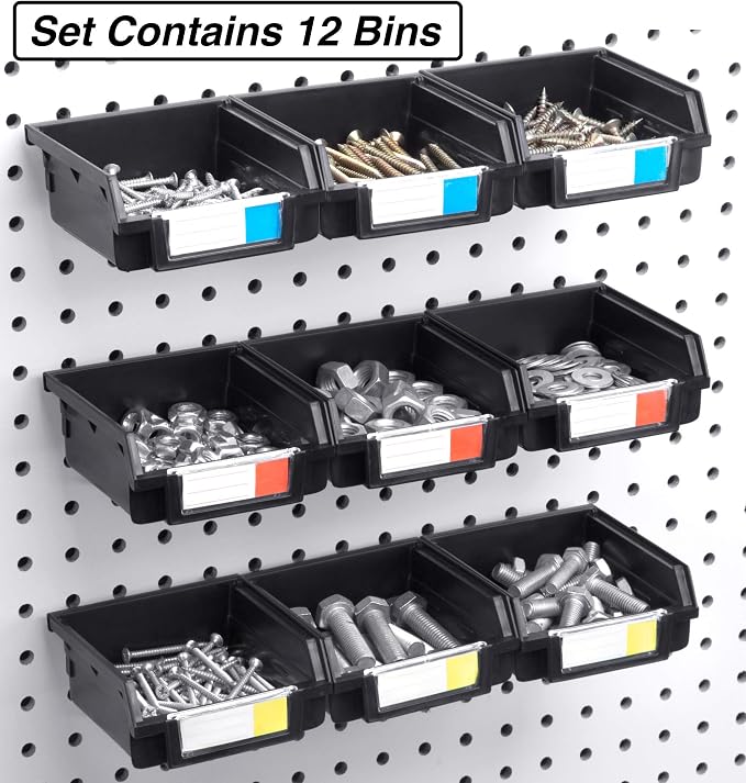 Pegboard Bins - 12 Pack Black - Hooks to Any Peg Board - Organize Hardware - Image 3