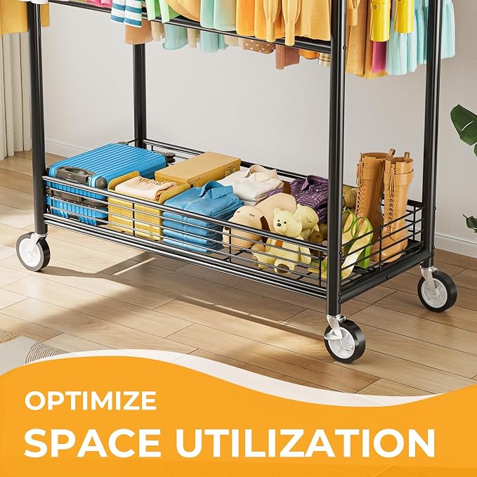 Heavy Duty Clothes Rack Load 960LBS, Three Rods Rolling Clothing Racks - Image 4