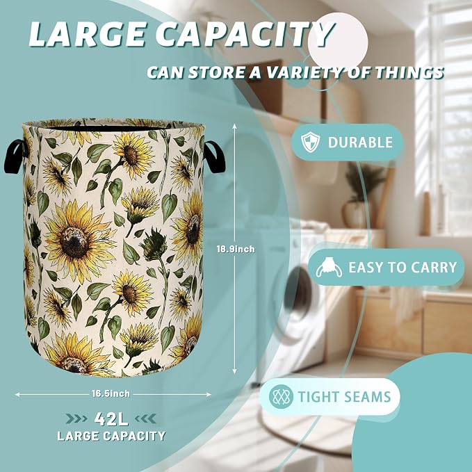 Retro Sunflower Laundry Hamper Yellow Flowers Laundry Basket - Image 2